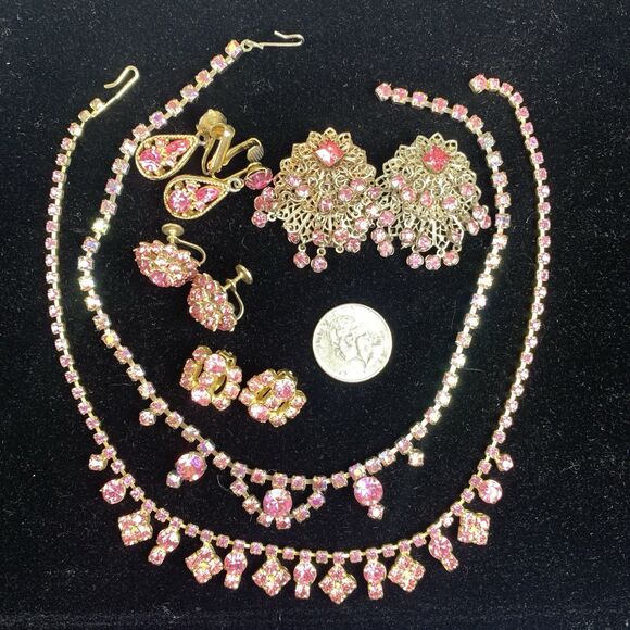 Lot 6 Vintage Pink Rhinestone Jewelry AB Stones Earrings Signed La Roco Necklace - Picture 15 of 15